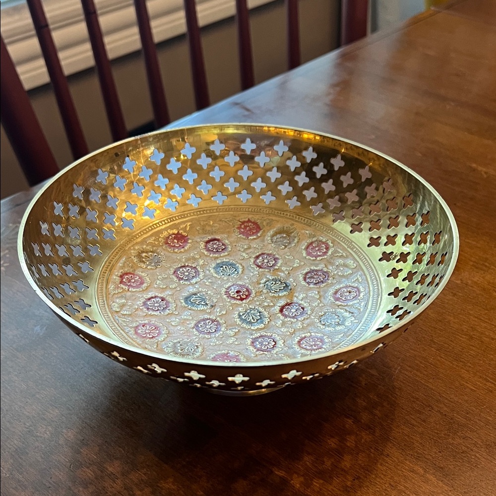 Vintage Brass Decorative Bowl with Intricate Enamel pattern